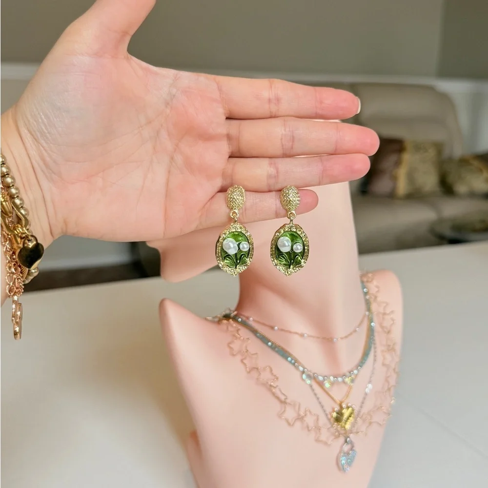 Gold-Tone Green Floral Pearl Drop Earrings